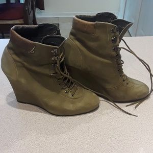 Green wedge ankle booties
